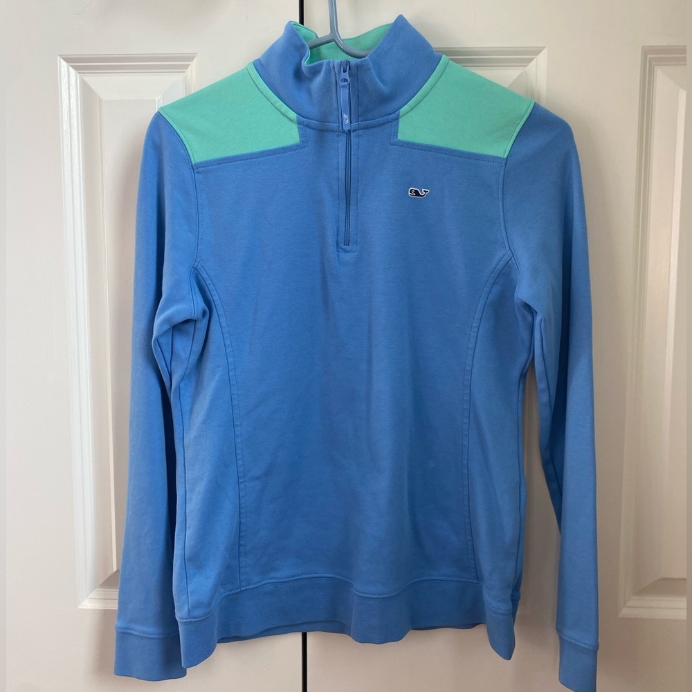 Vineyard Vines Women’s Sweater, Size XS, Blue with Teal Shoulders, Quarter Zip
